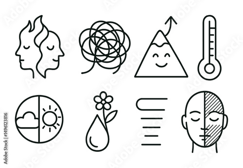 Line style icons of drawing emotions visually: fire and water dual face, tangled thoughts scribble, mountain with rising mood, emotional thermometer, cloud + sun split, tear turned to flower, line