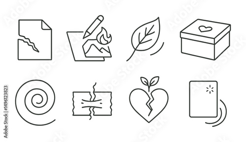 Line style icons of letting go and closure: page to tear, write and burn image, floating leaf sketch, closed box of memory, spiral fade-out, rip line with tape, broken heart + growth sprout, draw it