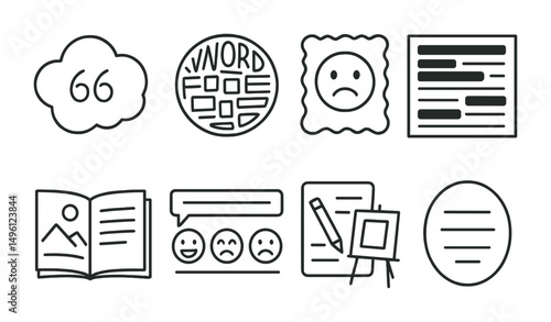 Line style icons of word + image fusion: quote inside visual cloud, word-collage badge, emotion with doodle frame, blackout poetry square, visual sentence journal, feelings captioned with icons,