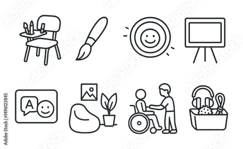 Line style icons of inclusive creative spaces: seat with tool tray, adaptive brush handle, no-judgment zone badge, “create your way” board, multilingual visual card, calm corner for breaks, peer
