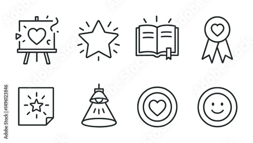 Line style icons of celebration of healing: confetti and artboard, “I showed up” star, journal with glow, brave moment ribbon, safe page spark, story circle spotlight, art for myself heart, smile