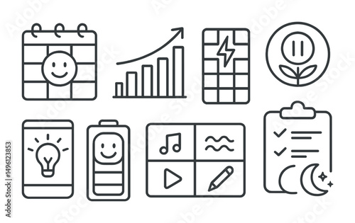 Line style icons of self-care planning: mood-friendly schedule icon, energy tracker chart, recharge idea grid, “pause + breathe” badge, creative rest box, social battery scale, flow activities board,