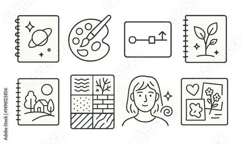 Line style icons of creative journaling prompts: “draw your inner space”, color your mood, timeline of today, doodle what calms you, sketch your safe place, describe in textures, collage of support,