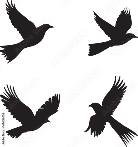 This artwork is digitally enhanced using AI and manually edited for quality. Flying Bird Silhouettes - Set of Four Black Bird Illustrations in Flight.