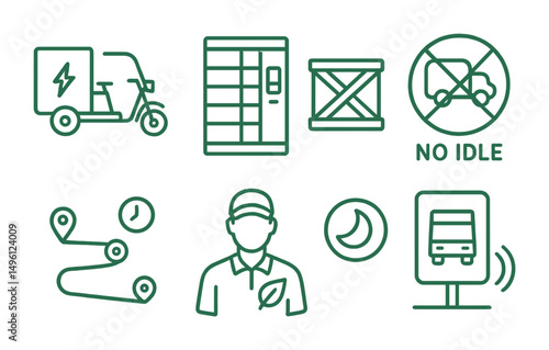 Line style icons of green logistics: electric cargo trike, last-mile locker, reusable crate icon, no-idle sign, optimized delivery route, off-hour schedule, driver eco badge, smart loading zone.