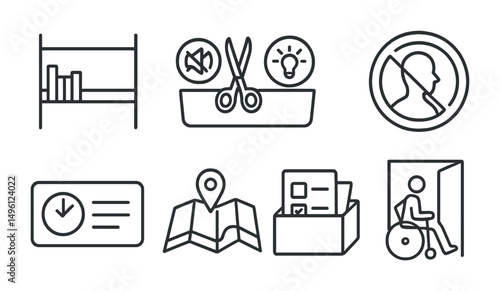 Line style icons of equity in creative access: one shelf for all levels, quiet tools tray, assistive light button, no assumptions badge, time buffer card, visual map to space, multiple option sketch