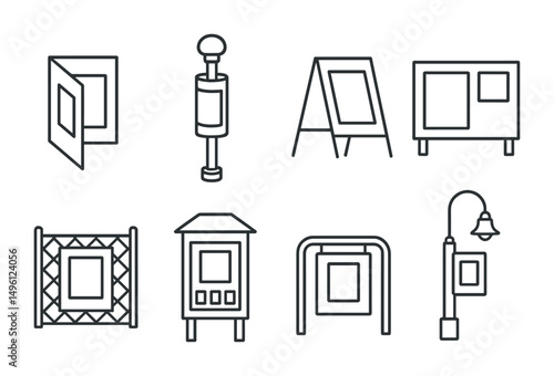 Line style icons of street poster formats: paste-up fold icon, streetlight pole poster wrap, pop-up sandwich board, community wall panel, fence-attached zine, kiosk poster set, bike rack sign, lamp