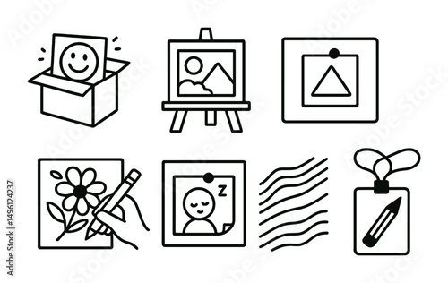 Line style icons of school-based creative routines: morning mood doodle box, “art to settle in” board, daily shape prompt, class calm-down coloring page, check-out drawing square, journal-before-test