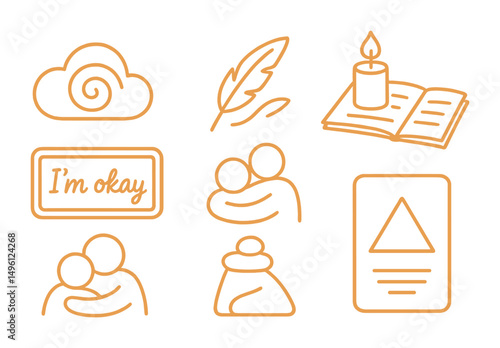 Line style icons of self-soothing visuals: soft lines sketch, warm color palette, spiral of breath drawing, feather + pen icon, candle and journal page, “I’m okay” frame, hug from shapes icon,