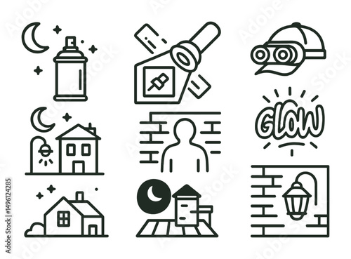Line style icons of night street art: spray under moon, flashlight and sketch, night goggles + cap, quiet street with light, outline in shadows, glow-in-the-dark tag, rooftop at night, lamp-lit wall.