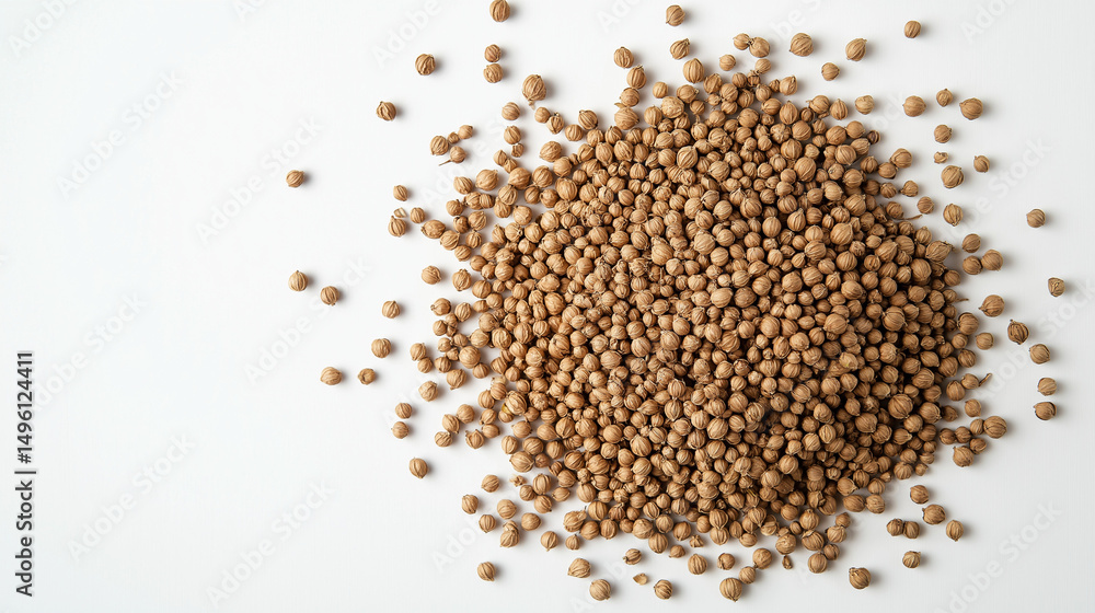 A small mound of coriander rests on a white table , background A small mound of coriander rests on a white table , background