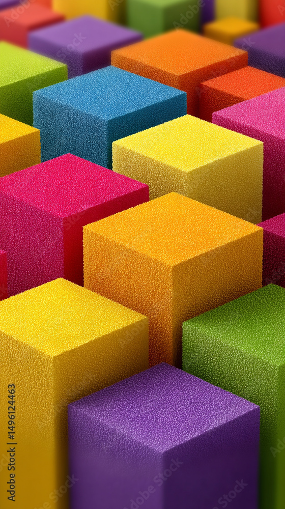 Obraz premium Shiny metallic colorful cubes form an abstract 3D geometric pattern, symbolizing modernity, innovation, structure, complexity, and vibrant energy in a sleek futuristic design.