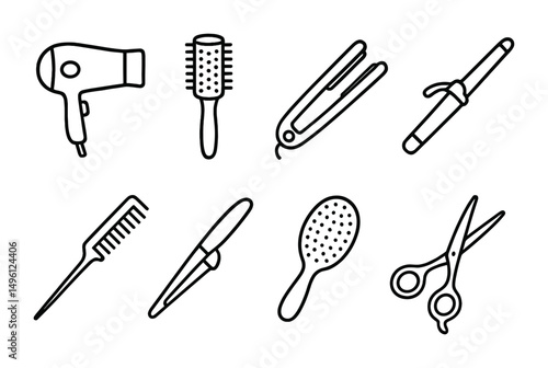 Line style icons of hair styling tools: hairdryer, round brush, flat iron, curling wand, teasing comb, sectioning clip, detangling brush, styling scissors.