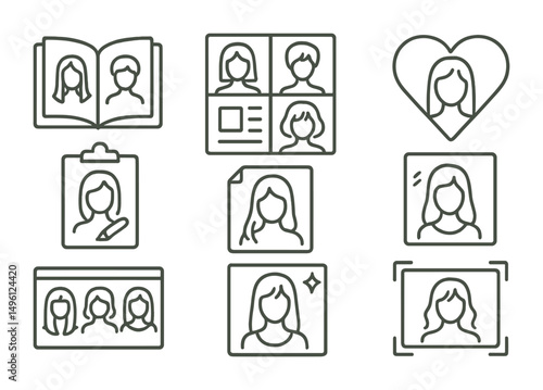 Line style icons of hair inspiration and planning: lookbook icon, moodboard with hair styles, saved favorite icon, try-on sketch, hair plan template, gallery of past styles, post-style selfie,