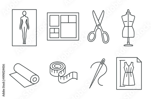 Line style icons of fashion sketch and design: fashion croquis, moodboard layout, fabric scissors, tailoring mannequin, fabric roll, measurement tape, sewing needle icon, design draft paper.