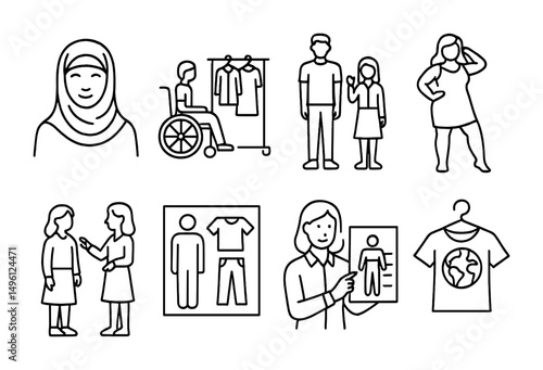 Line style icons of working with diverse clients: client in hijab icon, wheelchair + outfit rack, tall fit icon, petite client with stylist, plus-size model with pose, gender-neutral clothing board,