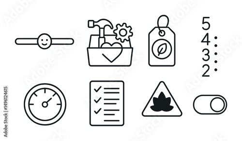 Line style icons of emotion-regulation tools: mood shift slider, emotion toolkit icon, grounding object tag, 5-4-3-2-1 tracker, stress release dial, soothing strategy list, emergency calm icon, quick