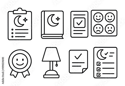 Line style icons of evening reflection rituals: nighttime mood log, moon + journal combo, wind-down review card, bedtime feelings tracker, end of day calm badge, soft lamp icon, “what went well” note