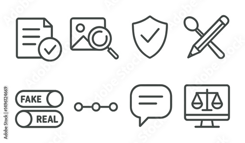 Line style icons of content verification: checkmark and source icon, reverse image search symbol, fact-checking badge, cross-check tools, fake vs real toggle, source timeline icon, context note