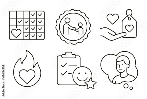 Line style icons of habit of goodness: daily kindness tracker, help someone today badge, small good deed icon, give without ask tag, kind action streak symbol, checklist of joy, “make someone smile”