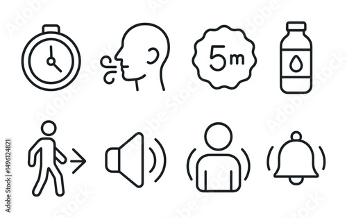 Line style icons of guided breaks: break timer ring, pause to breathe icon, 5-minute reset badge, drink water reminder, stand and move tag, guided rest audio symbol, mindful pause icon, end of