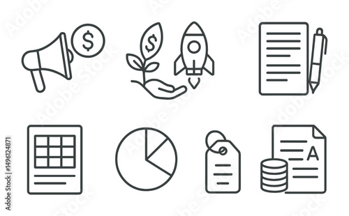 Line style icons of startup investment: pitch + money symbol, startup equity offer, term sheet icon, seed round coin, cap table file, equity split chart, SAFE agreement tag, Series A funding.