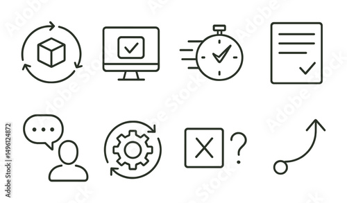 Line style icons of lean startup process: build-measure-learn loop, MVP icon, fast testing badge, validated learning sheet, customer discovery call, rapid iteration wheel, assumption test, pivot