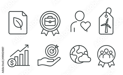 Line style icons of impact investing: ESG criteria file, green portfolio badge, social impact icon, renewable energy project tag, sustainable returns chart, mission-aligned investment,