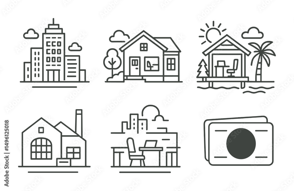 Fototapeta premium Line style icons of coworking locations: city cowork tower, suburban house cowork icon, nature-themed hub, beachfront cowork shack, warehouse-turned-office symbol, rooftop cowork view, cozy small