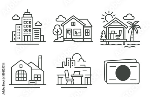 Line style icons of coworking locations: city cowork tower, suburban house cowork icon, nature-themed hub, beachfront cowork shack, warehouse-turned-office symbol, rooftop cowork view, cozy small