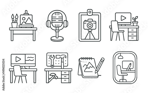Line style icons of coworking for creatives: art table corner, podcast room mic, photo shoot area badge, content creator desk, video edit suite, DIY maker bench, sketch zone icon, digital artist pod.