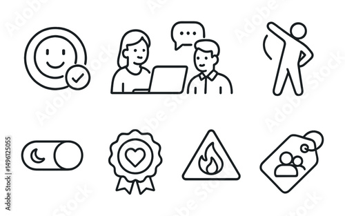 Line style icons of mental health while remote: mood tracker icon, check-in with manager, virtual support chat, break + stretch symbol, quiet hours toggle, open feelings badge, burnout warning,