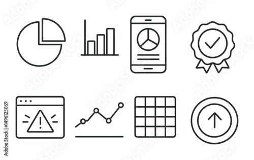 Line style icons of productivity analytics: time use pie chart, focus session bar, session tracking screen, app usage badge, distraction spike alert, weekly trend line, productivity heatmap, goal