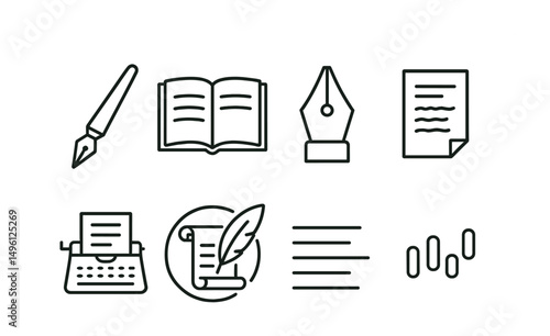 Line style icons of poetic writing tools: ink pen icon, open notebook, fountain pen nib, poem draft paper, typewriter symbol, quill and scroll badge, stanza lines icon, poetic rhythm meter.