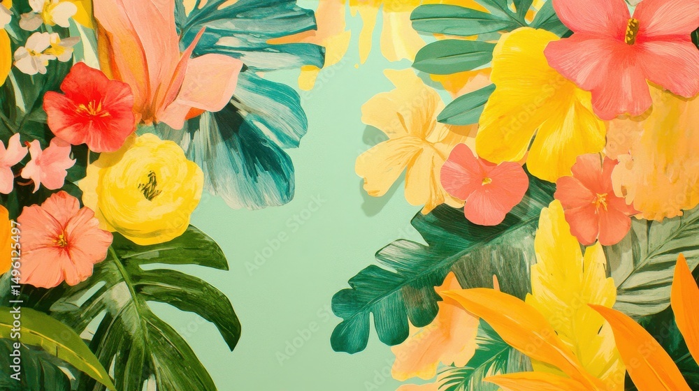 Fototapeta premium Vibrant floral arrangement with tropical leaves and colors.