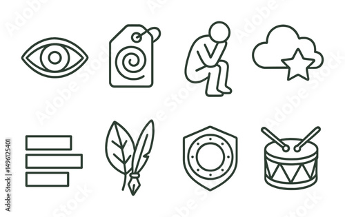 Line style icons of literary movements: realism eye icon, surrealism spiral tag, existentialist figure, magical realism cloud symbol, minimalism block text, naturalism leaf + pen, postcolonial badge,