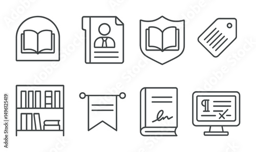 Line style icons of publishing and bookselling: publisher logo icon, literary agent file, cover design badge, ISBN tag, bookstore display shelf, preorder banner, signed copy symbol, editorial markup