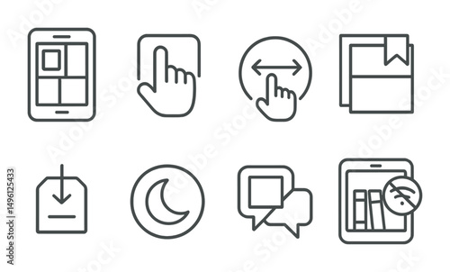 Line style icons of digital comic apps: comic reader screen, tap to zoom symbol, swipe navigation badge, bookmark panel icon, download episode tag, night mode toggle, comment on panel icon, offline