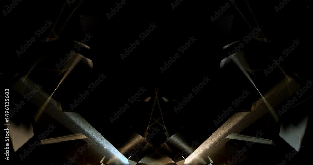Abstract mirrored prism lights shift rhythmically in a dark 4K DCI video frame, forming symmetrical geometric beams ideal for sci-fi or dramatic title sequences and atmospheric intros