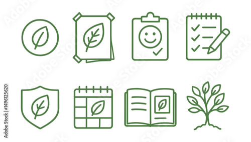 Line style icons of green identity and motivation: “I live lighter” button, values poster on dorm wall, mood tracker + action, self-check-in on habits, personal pledge badge, eco calendar of actions,