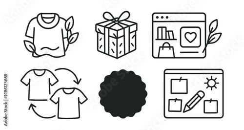 Line style icons of shopping for purpose: slow fashion sticker, DIY gift box icon, borrow before buy shelf, conscious brand filter card, friend-to-friend exchange loop, thrift joy badge, no new