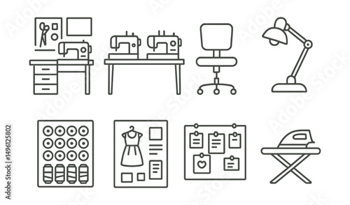 Line style icons of studio or workshop setup: sewing desk layout, two machines table, adjustable chair for sewing, daylight lamp icon, thread wall storage, project planning board, community pin-up