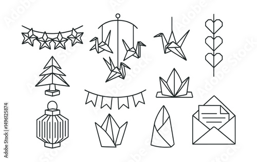 Line style icons of decorative origami: star garland icon, hanging crane mobile, folded heart chain, tabletop tree made of paper, party banner in folds, napkin fold for table, holiday lantern from