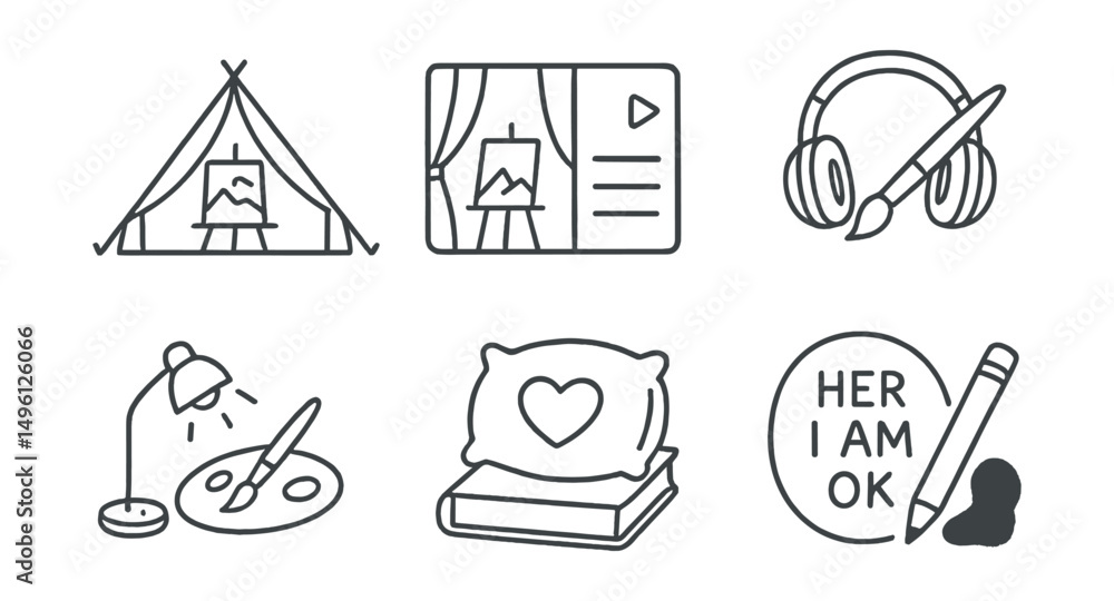 Fototapeta premium Line style icons of art as refuge: art tent icon, safe notebook corner, curtain and sketch inside, headphones + pen image, small light desk with brush, journal under pillow, “here I am ok” symbol,