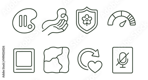 Line style icons of trauma-informed visual tools: “pause” symbol with art line, hand with thread of feeling, safe art boundaries badge, emotion meter with red zone, layering for safety frame, gentle