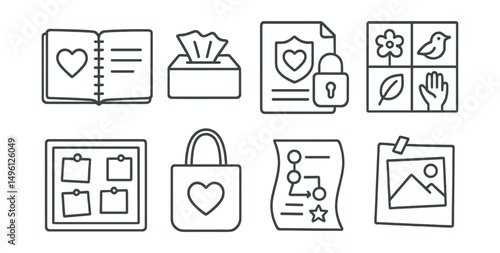 Line style icons of emotional first-aid kits: journal and tissues icon, safe object + page, grounding image set, “what helps me” board, comfort visual bag, visual emergency plan, “safe page” envelope