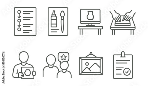 Line style icons of workshop formats: step-by-step guide sheet, materials list card, demo station setup, hands-on practice zone, instructor with sample, peer feedback corner, finished piece gallery,
