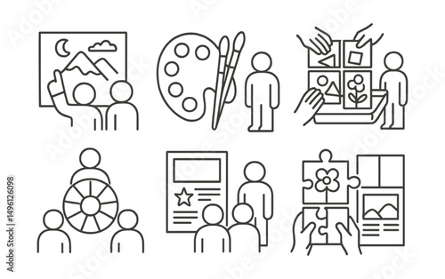 Line style icons of collaborative creativity: mural planning sketch, shared color palette tray, collage made in parts, art handoff station, group color wheel icon, team poster layout, puzzle art