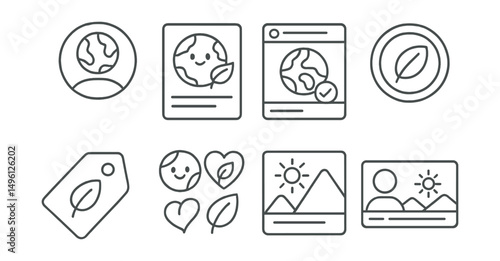 Line style icons of digital eco expression: earth-themed profile icon, eco meme, online pledge post, green story badge, sustainability blog tag, eco emoji pack, digital art climate, profile banner.