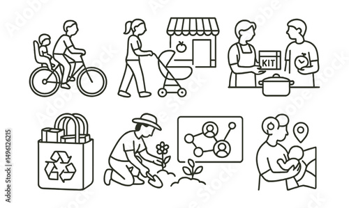 Line style icons of shared parenting for sustainability: bike + child seat, stroller ride to market, co-cook dinner badge, reuse kit handoff, shared books bag, weekend garden shift, support network